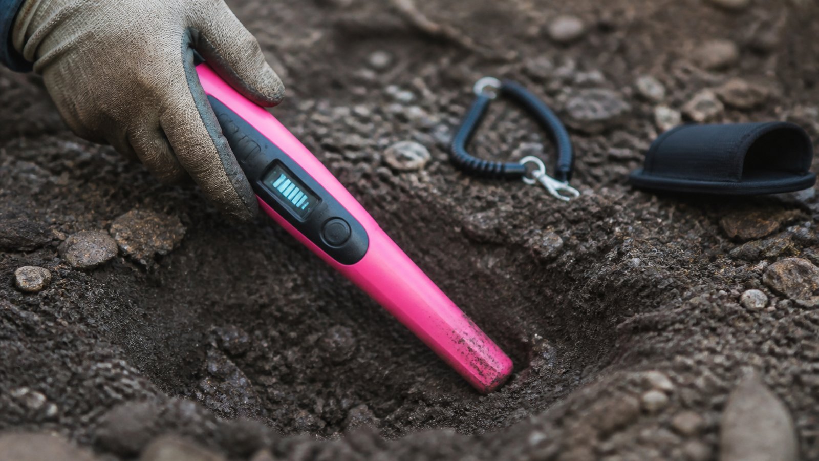 Pink pinpointer tip sweeping spoil with LCD signal bars